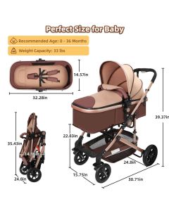 Vomeast Baby Stroller, Foldable Baby Stroller Reversible Bassinet, Travel Stroller for Newborn Baby, Khaki