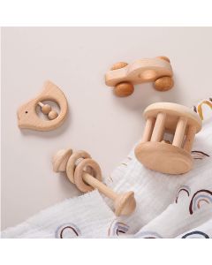 Wooden Baby Toys Wooden Rattle 4PC Handmade Natural Organic Preschool Baby Grasping Toy
